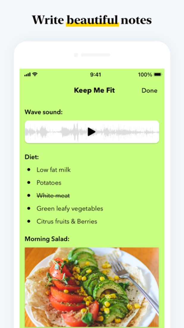 Zoho Notebook on an iPhone: a note with a recording, a list and a photo.
