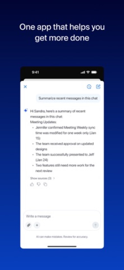 Zoom Workplace on an iPhone: an AI summary of recent chat messages.